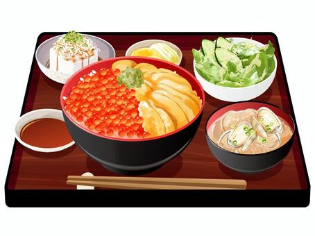 ウニイクラ丼定食 ウニイクラ丼,定食,料理,食べ物,丼物,ウニ,イクラ,味噌汁,アサリ,ネギのイラスト素材