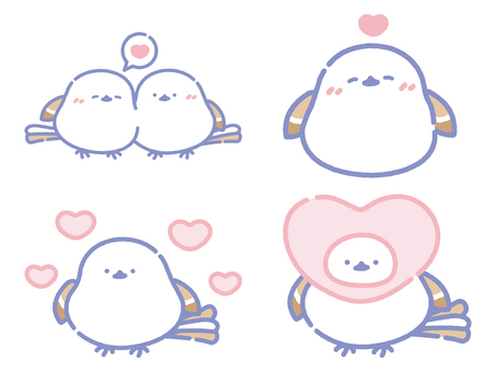 ハートのパステルシマエナガセット シマエナガ,鳥,野鳥,生き物,動物,つがい,仲良し,カップル,ハート,愛のイラスト素材