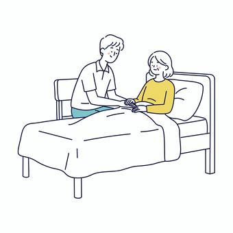 ベッド上の高齢者を見守る介護士 人物,介護士,高齢者,女性,介護,ケア,ベッド,医療,福祉,サポートのイラスト素材