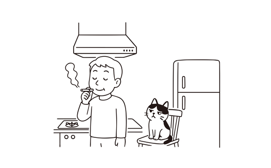 換気扇の下でタバコを吸う男性と迷惑なネコ 人物,男性,タバコ,ペット,ネコ,換気扇,台所,喫煙,迷惑,怒りのイラスト素材