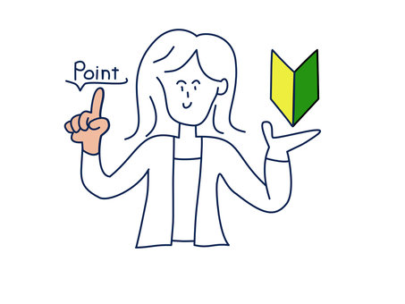 初心者マークとポイントを示す女性の線画 初心者マーク,初心者,女性,線画,指さし,ポイント,人差し指,吹き出し,ビジネス,先生のイラスト素材