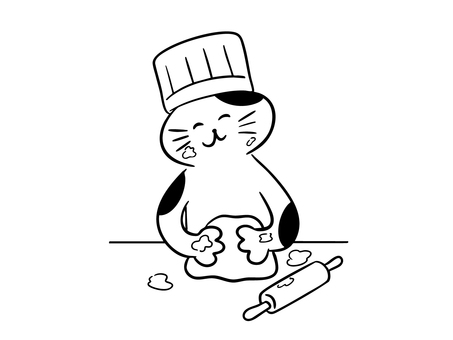 パン生地をこねる猫（モノクロ） 猫,パン,パン作り,製パン,生地,こねる,混ぜる,パン屋,ベーカリー,シェフのイラスト素材