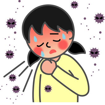 浮遊するウイルスと咳き込む発熱の女の子 女の子,苦しい,咳き込む,手,当てる,発熱,高熱,ほてり,発汗,辛いのイラスト素材