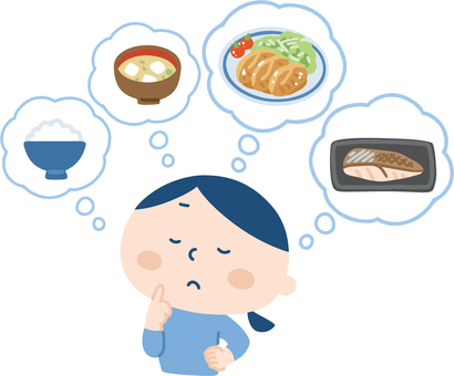 今日の夕食を考える女性 ご飯,献立,夕食,お米,味噌汁,生姜焼き,肉,焼き魚,白身魚,魚のイラスト素材