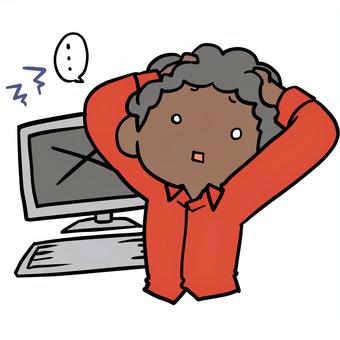 パソコンがエラーで呆然とするアフロ男性 アフロ,パソコン,エラー,呆然,デジタル,苦手,パニック,黙る,静か,固まるのイラスト素材