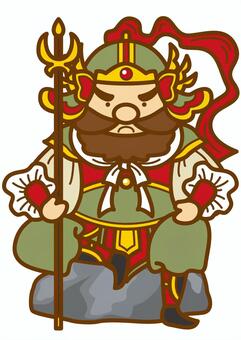 毘沙門天-4c 毘沙門天,毘沙門,七福神,神様,鎧,兜,槍,ヒゲ,岩,石のイラスト素材