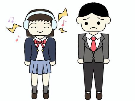 音漏れを迷惑している人 音漏れ,迷惑,ヘッドフォン,マナー,マナー違反,モラル,迷惑行為,音楽,うるさい,不快のイラスト素材