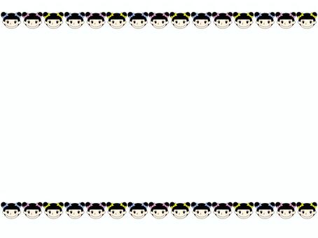女の子のフレ−ム 女の子,三人娘,フレ−ム,ポストカード,メッセージカード,お団子,リボン,背景なしのイラスト素材