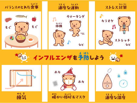 インフル予防　くまさん インフル,風邪,予防,セット,アイコン,テンプレート,ウイルス,流行,感染,冬のイラスト素材