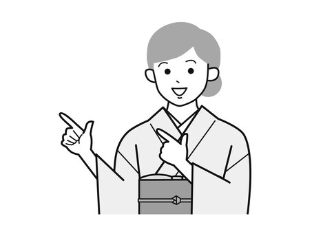 両手で指差しアピール着物女性A左向／白黒 両手,指差し,アピール,女性,お母さん,着物,講師,20代,30代,40代のイラスト素材