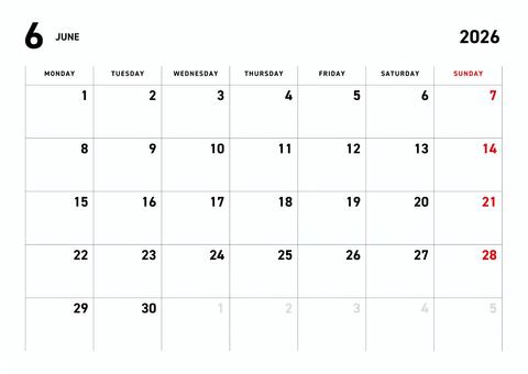 月曜始まり2026年6月カレンダーA4 カレンダー,スケジュール,印刷,横型,月曜始まり,シンプル,スタイリッシュ,月曜日,火曜日,水曜日のイラスト素材