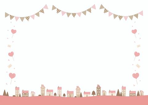バレンタインの街並みの背景04 バレンタイン,背景,フレーム,街並み,ハート,プレゼント,風船,手描き,おしゃれ,かわいいのイラスト素材