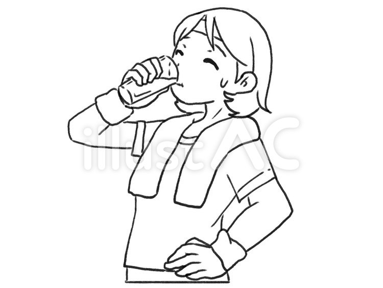  【線画】運動後水分補給する女性 水分補給,熱中症,女性のイラスト素材