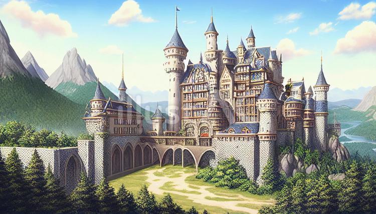 ファンタジーゲームのお城の風景画＿RPG 城,ファンタジー,外観のイラスト素材