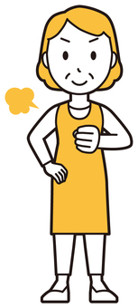  エプロンおばちゃん(黄)-042-全身 任せて,おばちゃん,エプロン,お母さん,ママ,中年,おばさん,主婦,人物,かわいいのイラスト素材