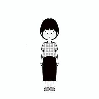 ショートカットの女性 女性,お母さん,普段着,シンプル,全身,日常,スカート,30代,40代,女のイラスト素材