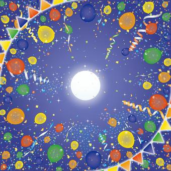 紙吹雪63 紙吹雪,リボン,風船,旗,月,星,夜空,満月,背景,飾りのイラスト素材