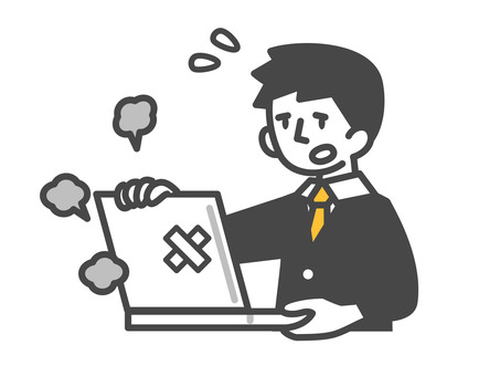 パソコンが壊れて困っているスーツ姿の男性 人,パソコン,pc,故障,トラブル,壊れた,困る,事務,入力,作業のイラスト素材
