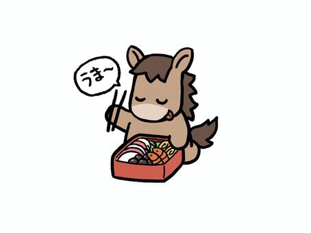 馬とおせち（美味い） 馬,おせち,正月,干支,2026年,午年,新年,かまぼこ,えび,黒豆のイラスト素材