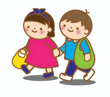 おつかい帰りの子供達 おつかい,買い物,子供,2人,手繋ぐ,帰り,帰り道,スーパー,コンビニ,エコバッグのイラスト素材