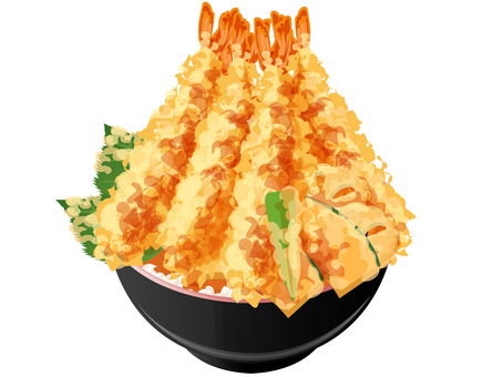 大盛りの天丼 天丼,大盛り,丼もの,料理,食べ物,揚げ物,海老天,カボチャ,大葉,レンコンのイラスト素材