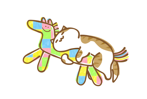 馬の抱き枕で寝る可愛いねこ　イラスト２ 寝る,馬,リラックス,猫,かわいい,ゆるい,手描き,カラフル,動物,シンプルのイラスト素材