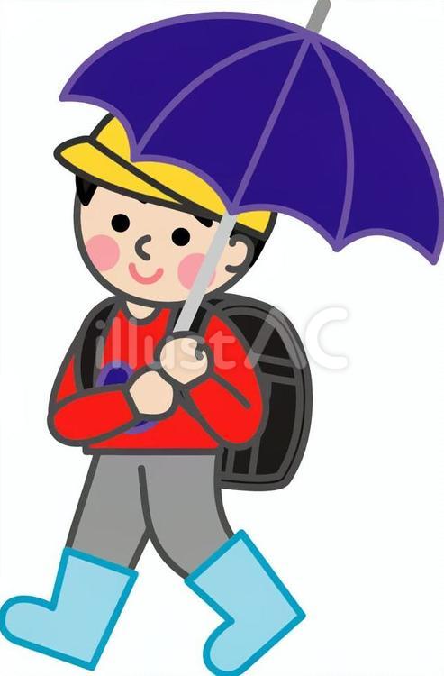 傘をさして歩く小学生の男の子 子供,小学生,男の子のイラスト素材