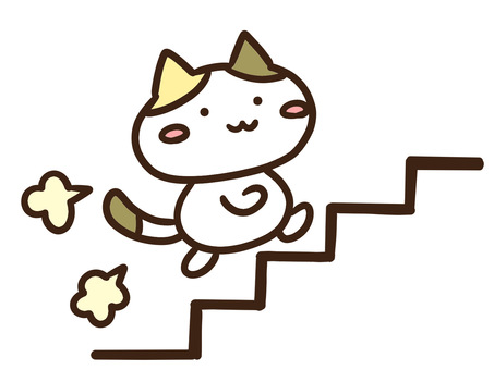 階段を登り努力しステップアップする三毛猫 階段,登る,駆け上がる,走る,ねこ,ダッシュ,急ぐ,レベル,アップ,成長のイラスト素材