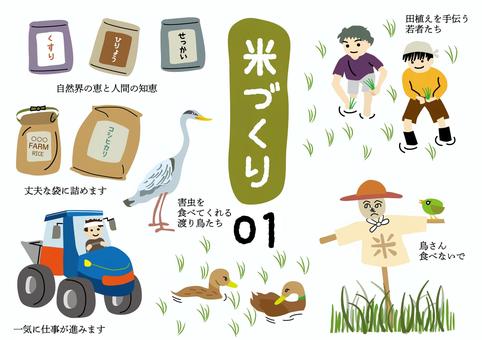 米作り　農作業をする人たちなど 収穫,米,農業,食料自給率,トラクター,農家,稲作,米作り,苗,田植えのイラスト素材