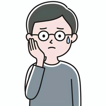 眼鏡男性 上半身 手頬_影 6A 困る,焦る,困惑,汗,どうしよう,たらり,こわい,悩み,相談,不信のイラスト素材