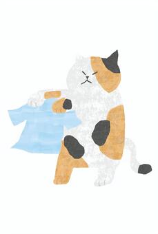 洗濯するねこちゃんのポストカード ねこ,三毛猫,動物,いきもの,家事,洗濯,干す,シャツ,服,洋服のイラスト素材