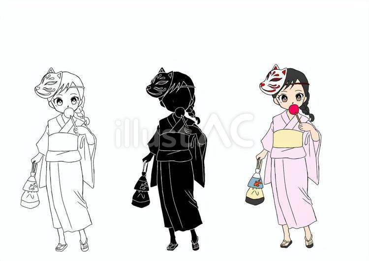 女の子祭り（線画） 女の子,浴衣,草履のイラスト素材