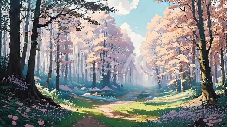 ファンタジーやゲーム風の森の背景イラスト 森,樹木,自然のイラスト素材