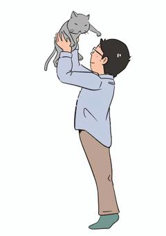 猫を高い高いする男性 猫,男性,若い,高い高い,ロシアンブルー,シャルトリュー,コラット,灰色猫のイラスト素材