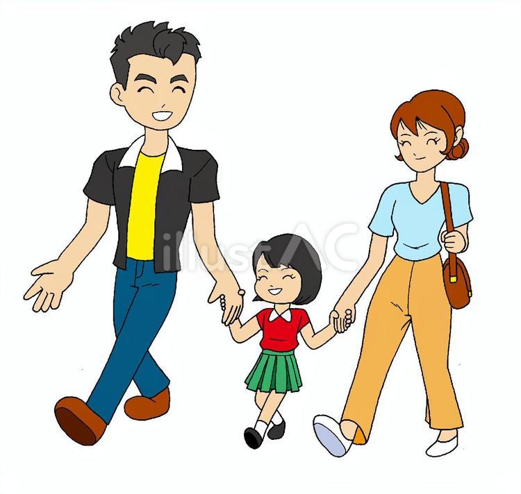 家族連れ　散歩　イラスト 三人,家族,手をつなぐのイラスト素材