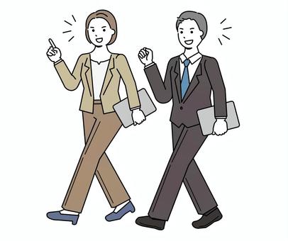 意欲を燃やす歩くビジネスマンの男女　全身 仕事,スーツ,歩く,通勤,出社,男性,女性,会社,職場,会社員のイラスト素材