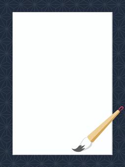 習字、書道・筆と半紙のフレーム　縦 書道,習字,フレーム,背景,命名,半紙,毛氈,紺,麻の葉,文様のイラスト素材