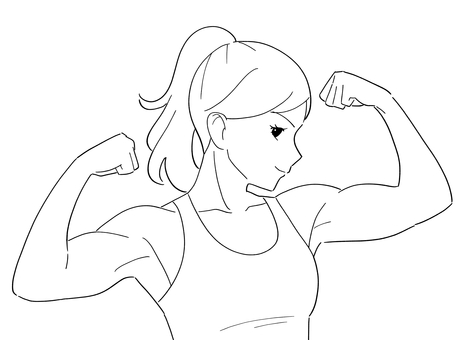 筋肉ムキムキの女性　白黒イラスト 女性,女子,若い,筋肉,筋トレ,ムキムキ,マッチョ,鍛える,力こぶ,筋骨のイラスト素材
