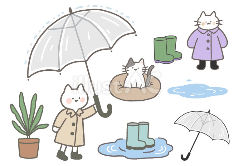 雨の日のねこと暮らしのイラストセット 猫,ねこ,雨のイラスト素材