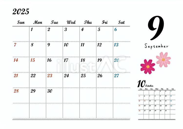 2025年9月花のカレンダー（A４寸法） カレンダー,9月,2025年のイラスト素材