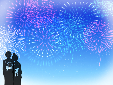 花火を見る2人 花火,背景,恋人,カップル,綺麗,シルエット,夜空,夜,夏,夏休みのイラスト素材