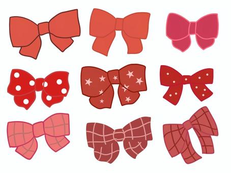 赤いリボンのイラスト リボン,赤色,水玉,チェック柄,かわいい,イラスト,手描き,セットのイラスト素材