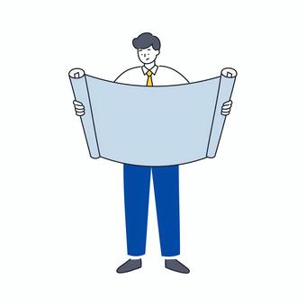 設計図を確認する男性の計画シーン 設計図を確認する男性の計画シーン 人物,男性,ビジネス,設計,図面,計画,確認,検討,用紙,展開のイラスト素材
