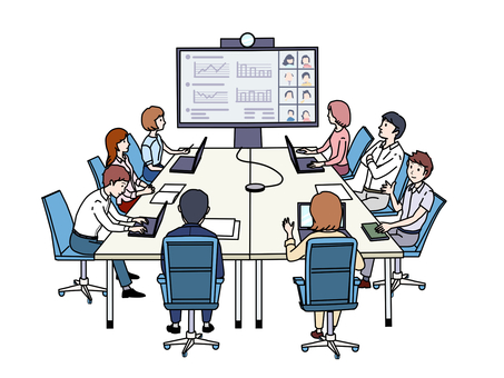 男女8名　オフィス　テレビ会議（B） tv会議,ミーティング,20代,会社,企業,社員,30代,人物,40代,営業部のイラスト素材