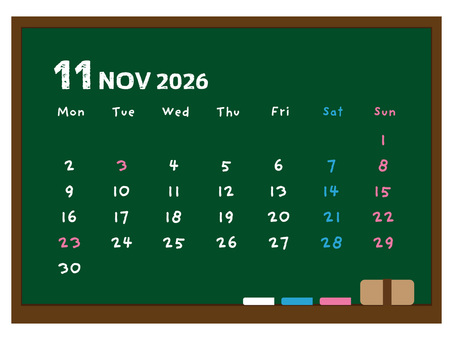 2026年11月のカレンダー黒板デザイン カレンダー,2026,11月,黒板,月間,月別,祝日,文化の日,勤労感謝の日,秋のイラスト素材