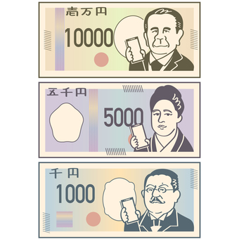 スマホ画面を見せる偉人のお札セット1 お札,紙幣,お金,10000,5000,1000,スマホ,スマートフォン,持つ,画面のイラスト素材