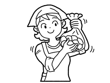 【白黒】ポリ袋で下味【線画】 料理,ポリ袋,エプロン,女性,下味,下処理,味付け,ビニール袋,白黒,線画のイラスト素材