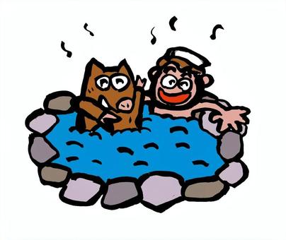 温泉に入る 手書き,筆,オリジナ,生き生き,温泉,猪のイラスト素材
