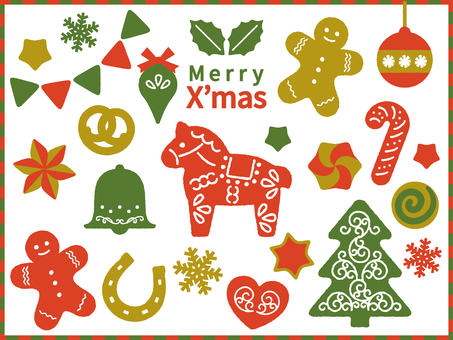 クリスマスクッキーセット クリスマス,クッキー,オーナメント,ひいらぎ,もみの木,クリスマスツリー,馬,ジンジャーマン,ベル,ガーランドのイラスト素材