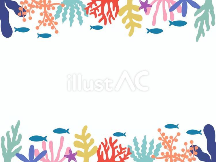 海の生き物とサンゴのカラフルフレーム 海,夏,サンゴのイラスト素材